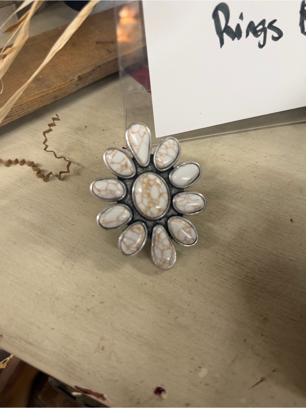 Western style/White Marbled Stone Flower Ring - Women Jewelry